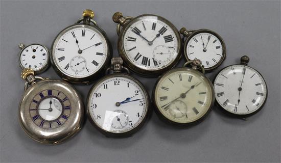 Six assorted silver pocket watches including half hunter and two silver fob watches.